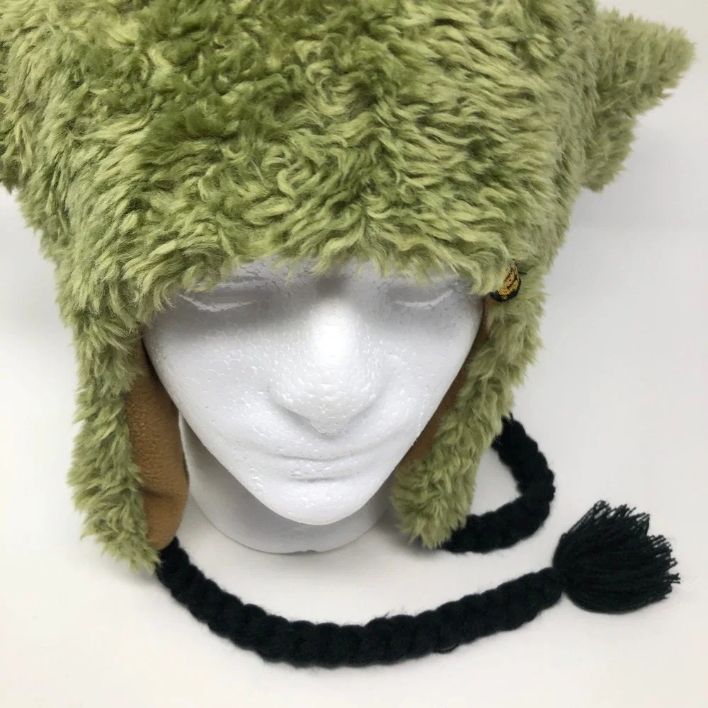 H&M Star Wars Yoda Trapper Hat Green Faux Fur Earflap Beanie One Size Braided